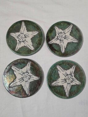 Jeremy Diller Signed Raku Pottery Coasters - Starfish - Green Glaze X4